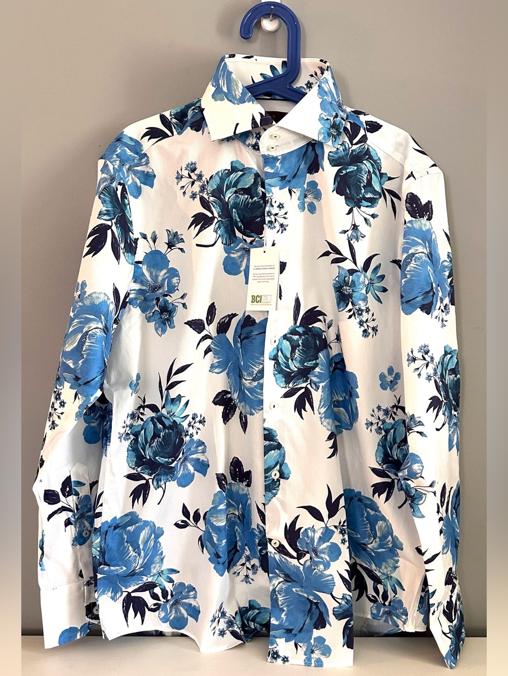 Hawes & Curtis - NWT, Men’s, 100% Cotton, Dress Shirt, Blue Floral Design, XL